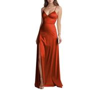 HPPEE Robe de demoiselle d'honneur en satin à col en V avec fente sans manches et bretelles spaghetti pour femme, orange brûlé, 34