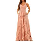 HPPEE Robe de demoiselle d'honneur longue en mousseline de soie avec poches et col en V à volants, vieux rose, 36