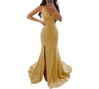 HPPEE Robe de soirée à paillettes scintillantes pour femme avec bretelles fines et col en V, or, 34