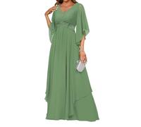HPPEE Robe de soirée formelle en mousseline de soie à manches flottantes et col en V avec appliques en dentelle taille empire, Sauge poussiéreuse., 48 Grande taille