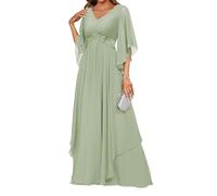 HPPEE Robe de soirée formelle en mousseline de soie à manches flottantes et col en V avec appliques en dentelle taille empire, vert sauge, 34
