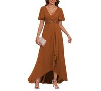 HPPEE Robe de soirée formelle en mousseline de soie pour femme avec col en V et manches, orange brûlé, 34