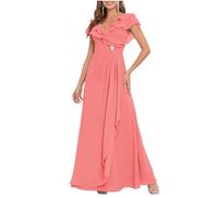HPPEE Robe longue mère de la mariée pour femme avec manches cape et volants en mousseline de soie, corail, 42