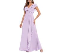 HPPEE Robe longue mère de la mariée pour femme avec manches cape et volants en mousseline de soie, lilas, 46