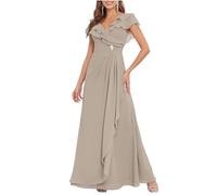 HPPEE Robe longue mère de la mariée pour femme avec manches cape et volants en mousseline de soie, taupe, 46