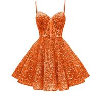 HPPEE Robes de bal courtes à paillettes et sequins pour soirée de fin d'études, robe de cocktail de style A avec corset - Robe de fête, Orange, 48 Grande taille