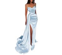 HPPEE Robes de cocktail de mariage à bretelles spaghetti scintillantes sirène longue plissée perles taches robe de bal formelle robes de soirée pour femmes avec fente, bleu clair, 42