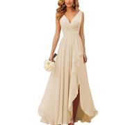HPPEE Robes de demoiselle d'honneur à volants pour femmes avec fente longue col en V en mousseline de soie robe formelle pour mariage WYX536, champagne, 40