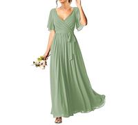 HPPEE Robes de soirée à manches courtes pour femmes et juniors en mousseline de soie longue avec col en V et poches, Sauge poussiéreuse., 48 plus