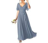 HPPEE Robes de soirée à manches courtes pour femmes et juniors en mousseline de soie longue avec col en V et poches, Bleu poudré, 44