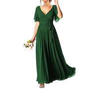 HPPEE Robes de soirée à manches courtes pour femmes et juniors en mousseline de soie longue avec col en V et poches, vert émeraude, 44