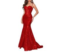 HPPEE WYX428 Robe de soirée formelle sirène à paillettes pour femme avec bretelles spaghetti, Rouge, 34