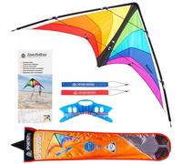 HQ Design - Cerf-volant Breezo - Cerf-volant à deux cordes - Pour enfants et adultes à partir de 12 ans - 82 x 170 cm - Avec sangle Dyneem 50 kp 2 x 25 m + passants 2-6 Bft (arc-en-ciel)