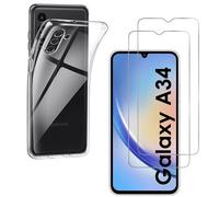 HQ-CLOUD® Coque pour Samsung Galaxy A34 5G Transparente Silicone en Gel TPU Souple + 2 Verre trempé Film Protection écran - Anti Rayures - Ultra Résistant Dureté 9H
