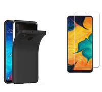 HQ-CLOUD® Coque Silicone NOIR Mat Compatible avec Samsung Galaxy A20E + 1 Film de Protection d'écran en Verre trempé Transparent - Anti Rayures - Ultra Résistant Dureté 9H