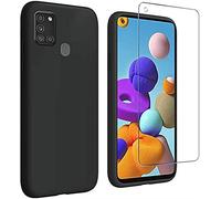 HQ-CLOUD® Coque Silicone NOIR Mat Compatible avec Samsung Galaxy A21S + 1 Film de Protection d'écran en Verre trempé Transparent - Anti Rayures - Ultra Résistant Dureté 9H