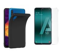 HQ-CLOUD® Coque Silicone NOIR Mat Compatible avec Samsung Galaxy A50 + 1 Film de Protection d'écran en Verre trempé Transparent - Anti Rayures - Ultra Résistant Dureté 9H