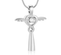 HQHYGM Bijoux de crémation d'ailes pour Cendres pour Femmes Filles, Croix en Cristal, Collier d'urne Souvenir, zircone cubique, Pendentif commémoratif-Argent