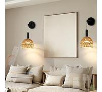 HQHYGM Boho Rattan Wall Light Battery Operated Wall Lamp with Remote Control Dimming Wall Wall USB Rechargeable Wall Length Adjustable Length for Bedroom Living Room Stairs (Noir 2 Packs)