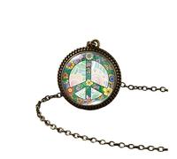 HQHYGM Collier Hippie en Argent Sterling 925 pour Femmes Hommes, Collier Hippie avec Signe de Paix, Peinture Artistique, Pendentif Vintage, dôme Rond en Verre avec Photo imprimée, Colliers Longs pour