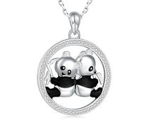 HQHYGM Collier Panda en Argent Sterling 925 pour Femmes Filles, frères sœurs Panda étreignant Le Bambou, Bijoux Panda, Collier Panda Rouge pour Filles, médaillon Panda, Pendentif pièce Panda, Argent
