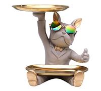 HQHYGM Figurine Chien Sculpture française avec Plateau, Organisateur Bureau, Statue en résine pour décoration Table de Salon, Gris