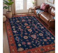 HQHYGM Tangsoo Tapis Floral 10,2 x 15,2 cm, Lavable en Machine, Rouge et Bleu, antidérapant, imprimé bohème Vintage Vieilli, Tapis à Poils Courts pour Salon, Chambre à Coucher, Salle à Manger, adapté