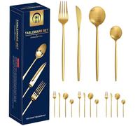 HQILRRA Couverts de table pour 4 personnes, 16 pièces couverts or mat, couverts inox, set couverts de table avec couteau, fourchette, cuillère, Polissage de surface, va au lave-vaisselle