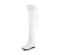 HQINGAXU Bottes Femme Au-Dessus du Genou avec Bordure en Fausse Fourrure Lacets Talons Compensés Moyens Bout Rond Dessus en Cuir PU Durable À Enfiler,Blanc,43 EU