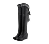 HQINGAXU Bottes Femme Au-Dessus du Genou avec Bordure en Fausse Fourrure Lacets Talons Compensés Moyens Bout Rond Dessus en Cuir PU Durable À Enfiler,Noir,38 EU