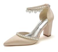 HQINGAXU Femmes Chaussures Mariée Couleur Unie Bout Pointu Fermé Sandales Talon Bloc Perles Strass Mariage Talons avec Bride Arrière Escarpins Formels Sandales De Soirée Bureau,Champagne,40 EU