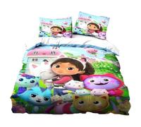 HQMOMO Gabby's Dollhouse Parure de lit pour enfant douce et mignonne 3D dessin animé Cat 100 % microfibre, lit simple, double, décoration d'intérieur pour filles et enfants, (155 x 220 + 80 x 80 cm x