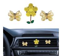 HQRNYP Lot de 3 clips de fixation pour grille d'aération de voiture - Désodorisant de voiture - Motif papillon et fleur - Strass - Pour décoration de voiture - Pour femmes et filles (jaune)