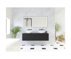HR Matrix ensemble de meubles de salle de bain 3d 160cm 2 tiroirs sans poignée avec bandeau couleur noir mat avec plateau noir mat SW757475 / SW232693