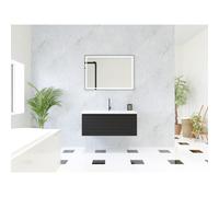 HR Matrix ensemble meuble de salle de bain 3d 100cm 1 tiroir sans poignée avec bandeau couleur noir mat avec vasque djazz 1 trou pour robinet blanc SW757895 / SW235613