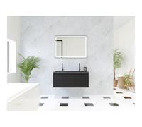 HR Matrix ensemble meuble de salle de bain 3d 100cm 1 tiroir sans poignée avec bandeau couleur noir mat avec vasque djazz 2 trous de robinetterie noir mat SW757895 / SW235615