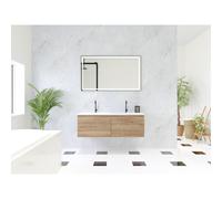 HR Matrix ensemble meuble de salle de bain 3d 120cm 2 tiroirs sans poignée avec bandeau couleur chêne français avec vasque fine double 2 robinets blanc mat SW758199 / SW458047