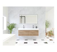HR Matrix ensemble meuble de salle de bain 3d 140cm 2 tiroirs sans poignée avec bandeau en chêne français avec vasque kube 2 trous de robinetterie blanc SW757373 / SW756452