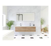 HR Matrix ensemble meuble de salle de bain 3d 160cm 2 tiroirs sans poignée avec bandeau couleur chêne français avec vasque fine 2 trous de robinetterie blanc mat SW757501 / SW235813