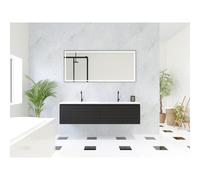 HR Matrix ensemble meuble de salle de bain 3d 160cm 2 tiroirs sans poignée avec bandeau couleur noir mat avec vasque fine 2 trous de robinetterie blanc mat SW757475 / SW235813