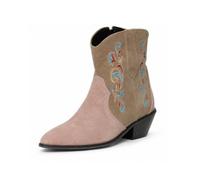 HRGKLMN Bottes Femme Deux-Tons PU Aspect Daim Broderie Décorative | Embout pointu arrondi,talon cuban robuste,fermeture zip arrière,pour festival de musique,voyage,sortie décontractée,vacances