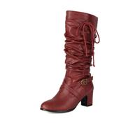 HRGKLMN Bottes Femme Hautes Mollet-Genou Souples PU Texturé | Dessus PU texturé style vintage,tige haute plissée souple,bout rond,semelle caoutchouc,pour trajet quotidien,rencard,soirée