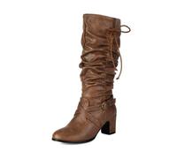 HRGKLMN Bottes Femme Hautes Mollet-Genou Souples PU Texturé | Dessus PU texturé style vintage,tige haute plissée souple,bout rond,semelle caoutchouc,pour trajet quotidien,rencard,soirée