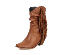 HRGKLMN Bottes Femme Mollet À Franges,PU Texturé Bout Pointu | Dessus PU texturé style vintage,longues franges latérales,tige à plis souples,semelle caoutchouc,pour festival,rencard,sortie