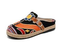 HRGKLMN Espadrilles pour Femmes, Mules Espadrilles brodées colorées pour Femmes, Sabots Ethniques à Enfiler avec Semelle en Jute, Sandales d'été en Lin pour Loisirs et Vacances,Noir,39 EU