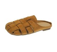 HRGKLMN Mules pour Femmes tressées, Sandales pour Femmes en Imitation Daim, Pantoufles Plates Confortables à Bout Ouvert, Chaussons élégants pour été et Printemps,Braun,36 EU