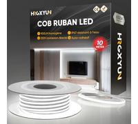 HRGXYUN 230V COB Ruban LED Extérieur, 240 LEDs IP67 Etanche Autocollant, Bande LED 900LM Sans Transformateur Flexible Découpable pour Chambre, Cuisine, Exterieur Décoration, 6500K Blanc froid, 10m