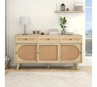 hrijusdif Buffet en bois de 140 cm de long, avec porte en rotin PE et étagères réglables, 3 tiroirs, buffet avec 3 portes coulissantes