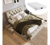 hrijusdif Cadre de lit avec 4 tiroirs, lit double rembourré, 140 x 200 cm, tête de lit réglable en hauteur, lit fonctionnel Chesterfield, naturel (avec matelas)