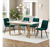 hrijusdif Essgruppe (5-tlg), Esstisch with 4 Stühlen Set, Moderner Küchentisch Set, 140 x 80 cm Küchentisch mit Golden Metallbeinen, MDF Table de table en Weißer, Dunkelgrün Samt Esszimmerstühle